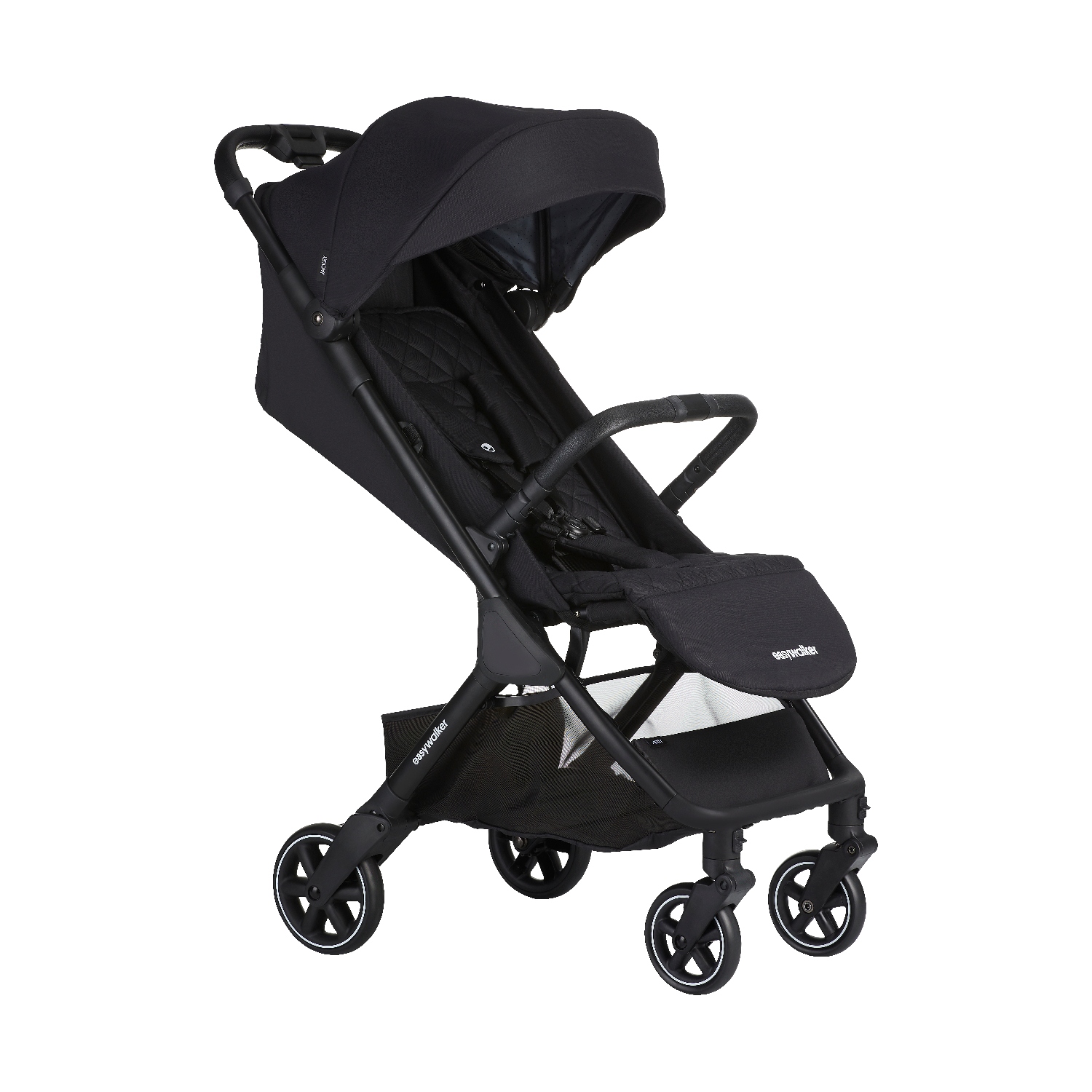 Easywalker Jackey buggy in het zwart, opengeklapt van opzij